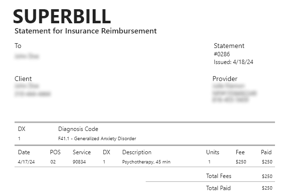 Superbill invoice example for therapy reimbursement and mental health insurance, illustrating how to navigate coverage and maximize benefits.