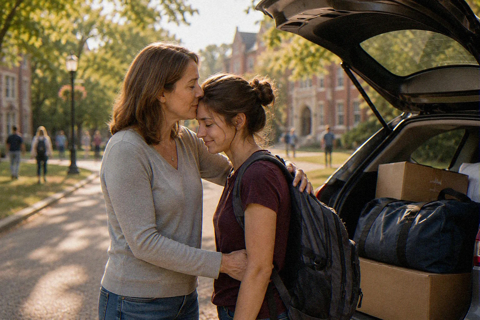 Parent and college-aged student saying goodbye beside a packed car on move-in day