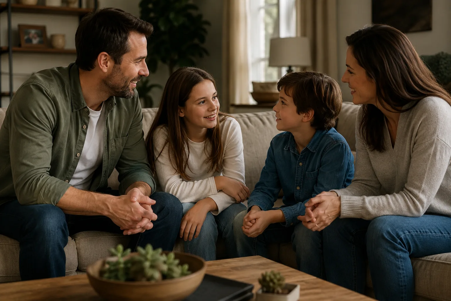 Family sitting together in a supportive therapy environment