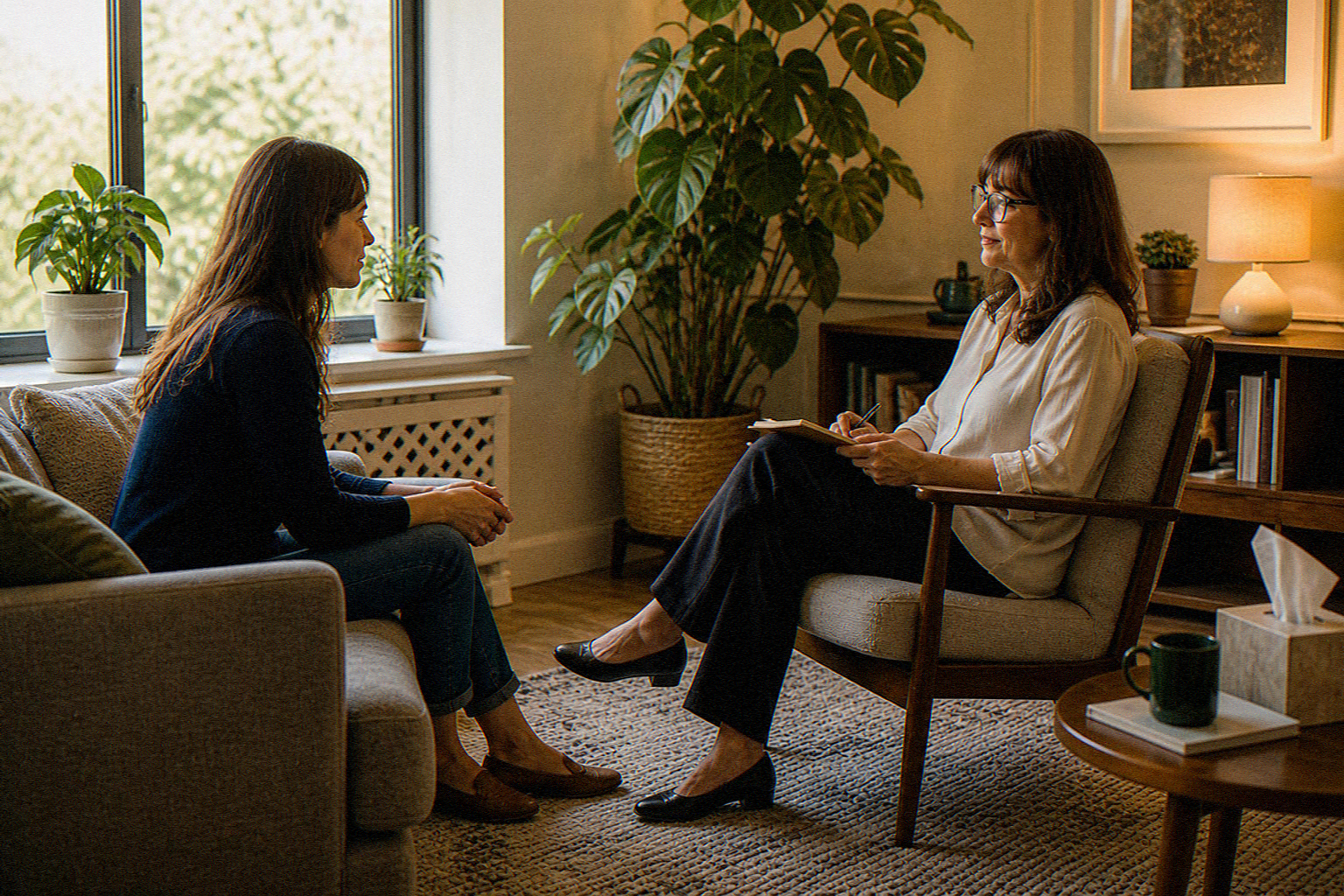 Comfortable therapy office setting for a first session