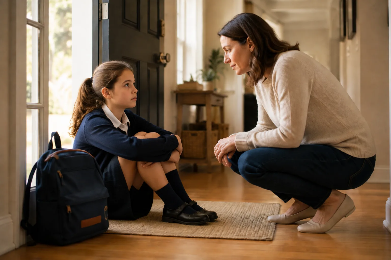Child sitting on bed refusing to go to school while parent looks on with concern