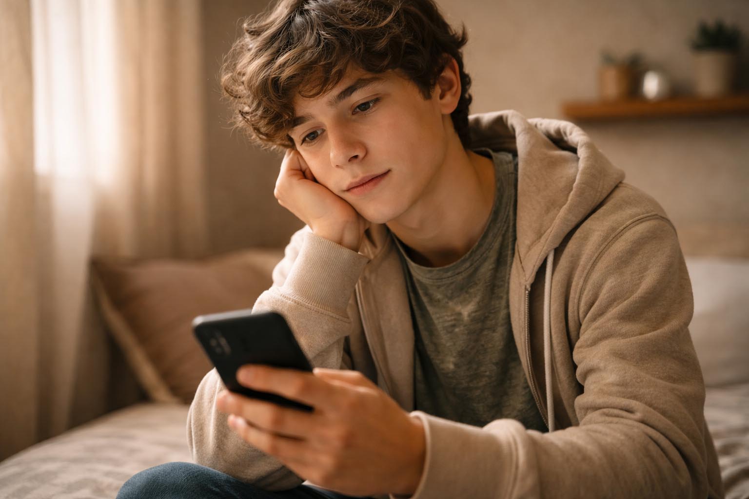 Teen looking stressed while using social media on smartphone
