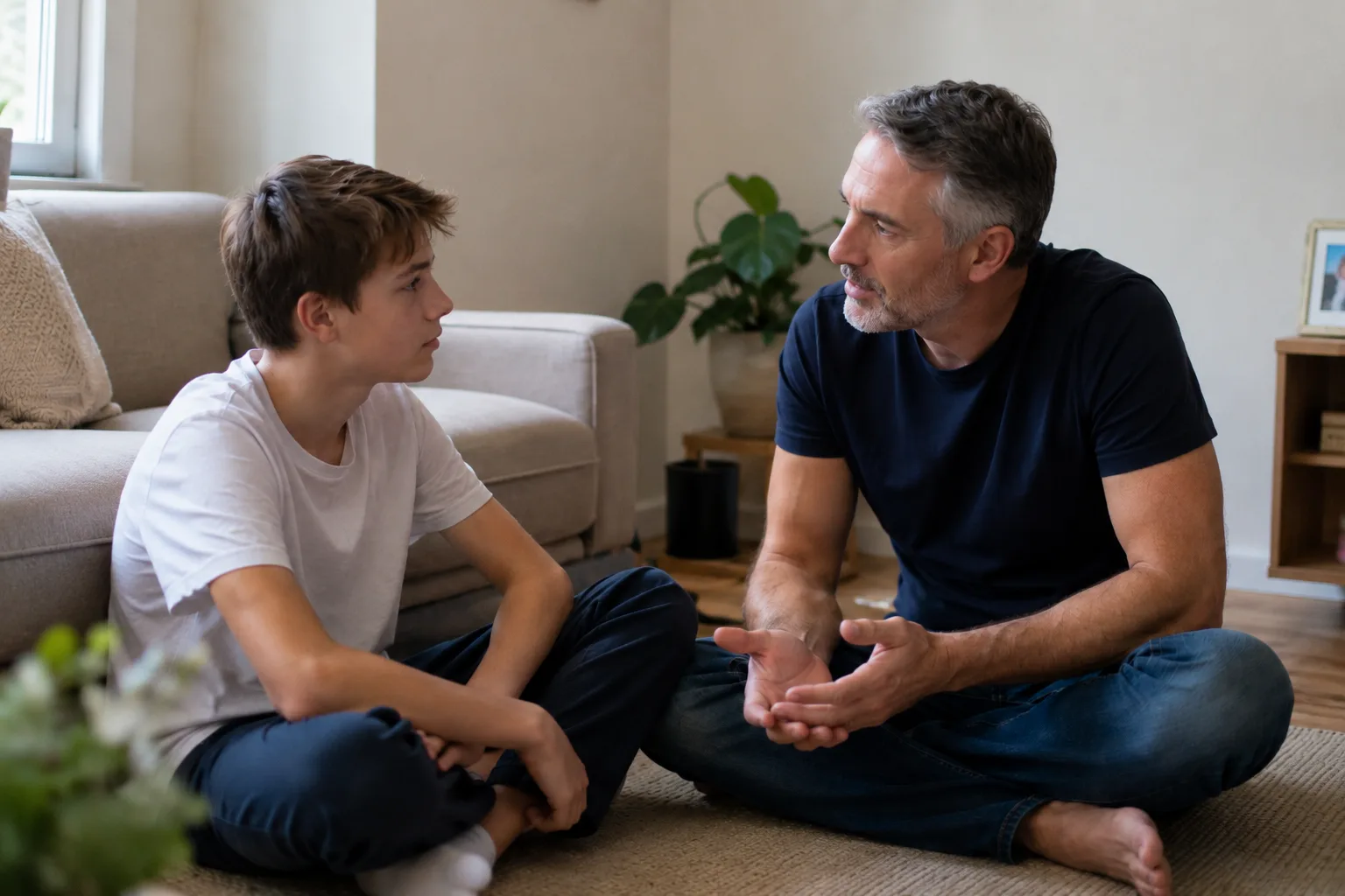 Parent and child having an open conversation about feelings and mental health