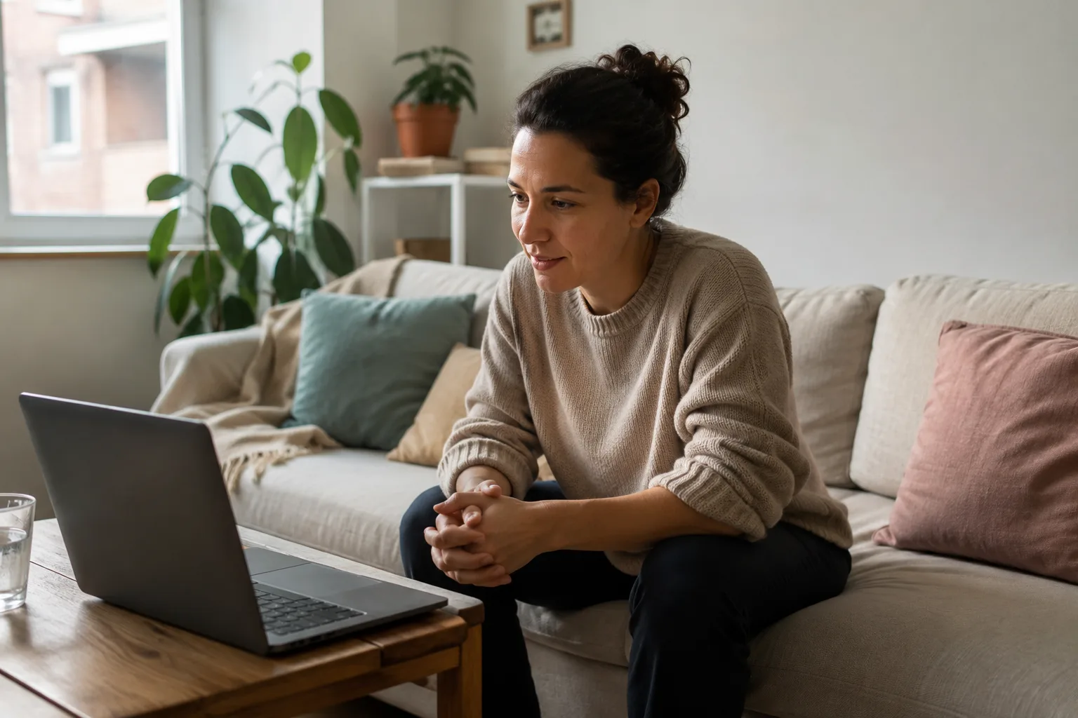 Person participating in a virtual therapy session from home on a laptop